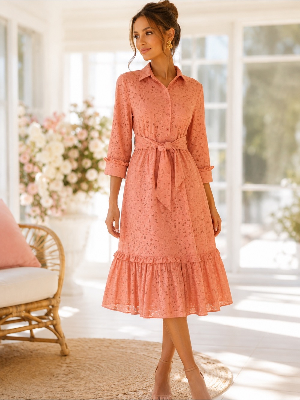 Dainty Jewells Peach Cotton Floral Eyelet Embroidered Midi Dress Size Medium